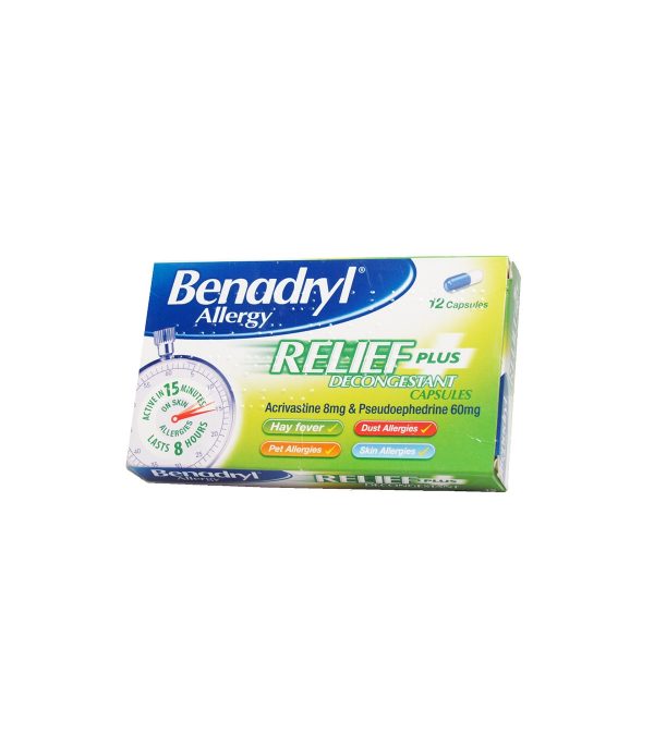 Benadryl Allergy Relief Plus – 12 Capsules